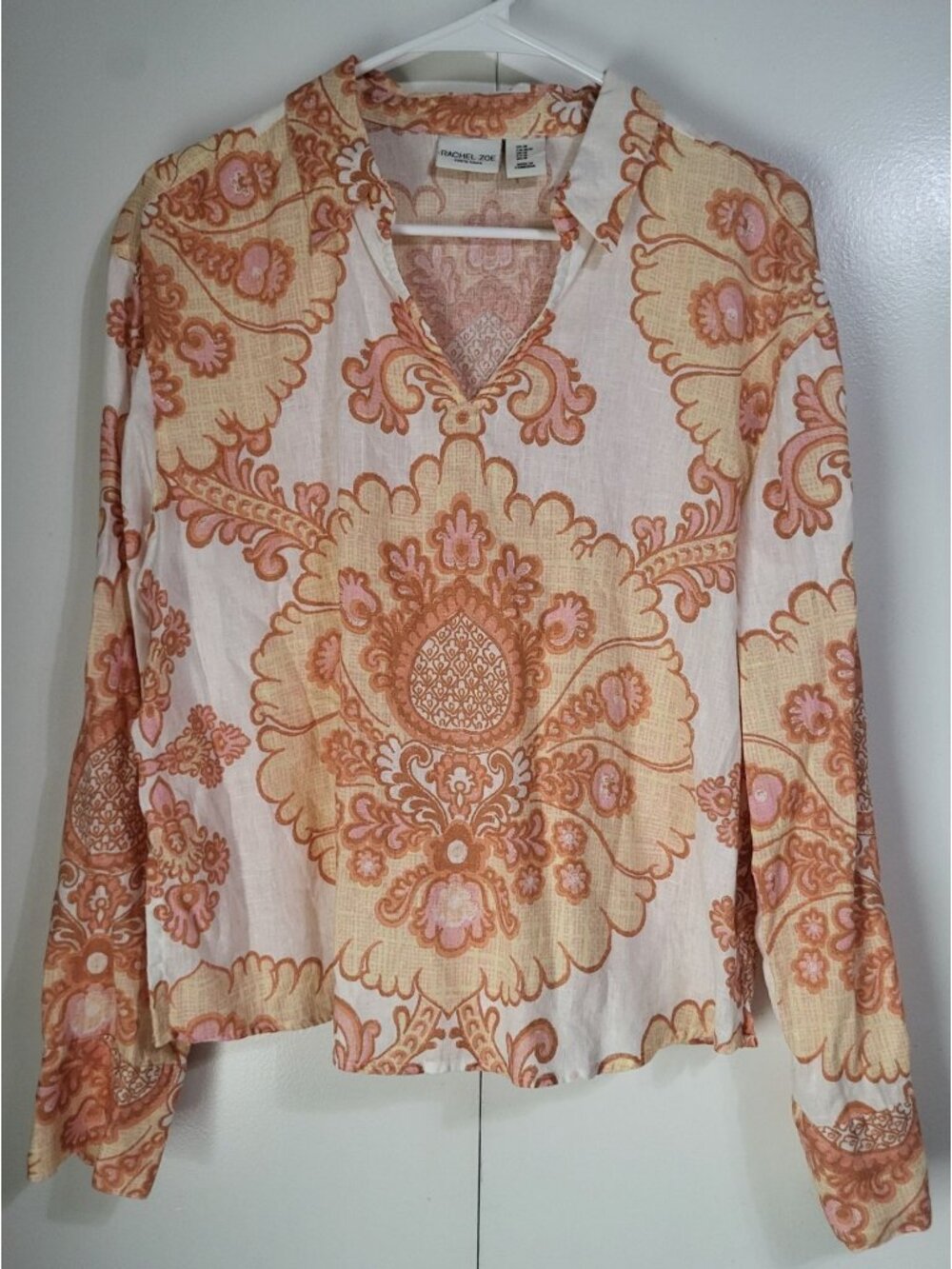 Rachel Zoe SZ M Long Sleeved V Neck Linen Boho Print Blouse Top Orange White - Picture 1 of 6